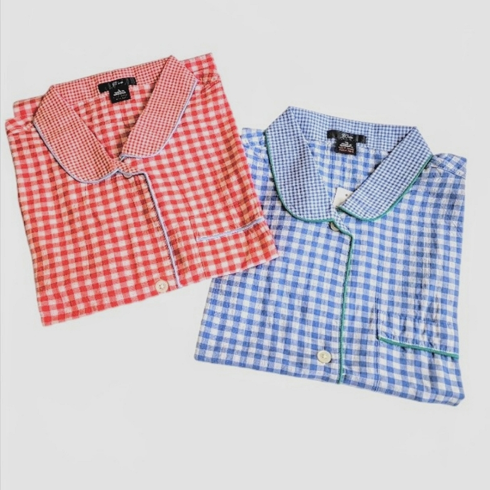 J. Crew Cotton Pajama Gingham Pattern - TOPS ONLY - 2 sizes Blue & Red NWT